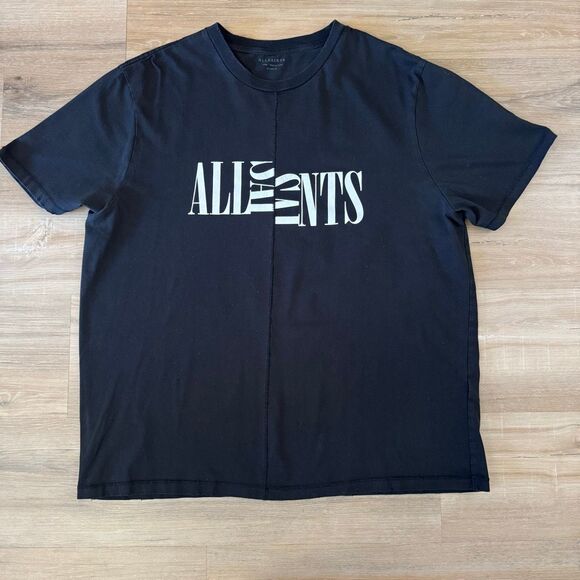 AllSaints Nico Split Logo Graphic Black Shirt Size Large Oversize Crewneck Comfy - Picture 1 of 7